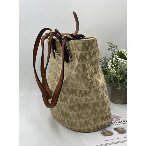 Michael Kors Authenticated Jet Set Canvas Leather 38t2xttt2j Beige Brown Tote - Picture 6 of 15